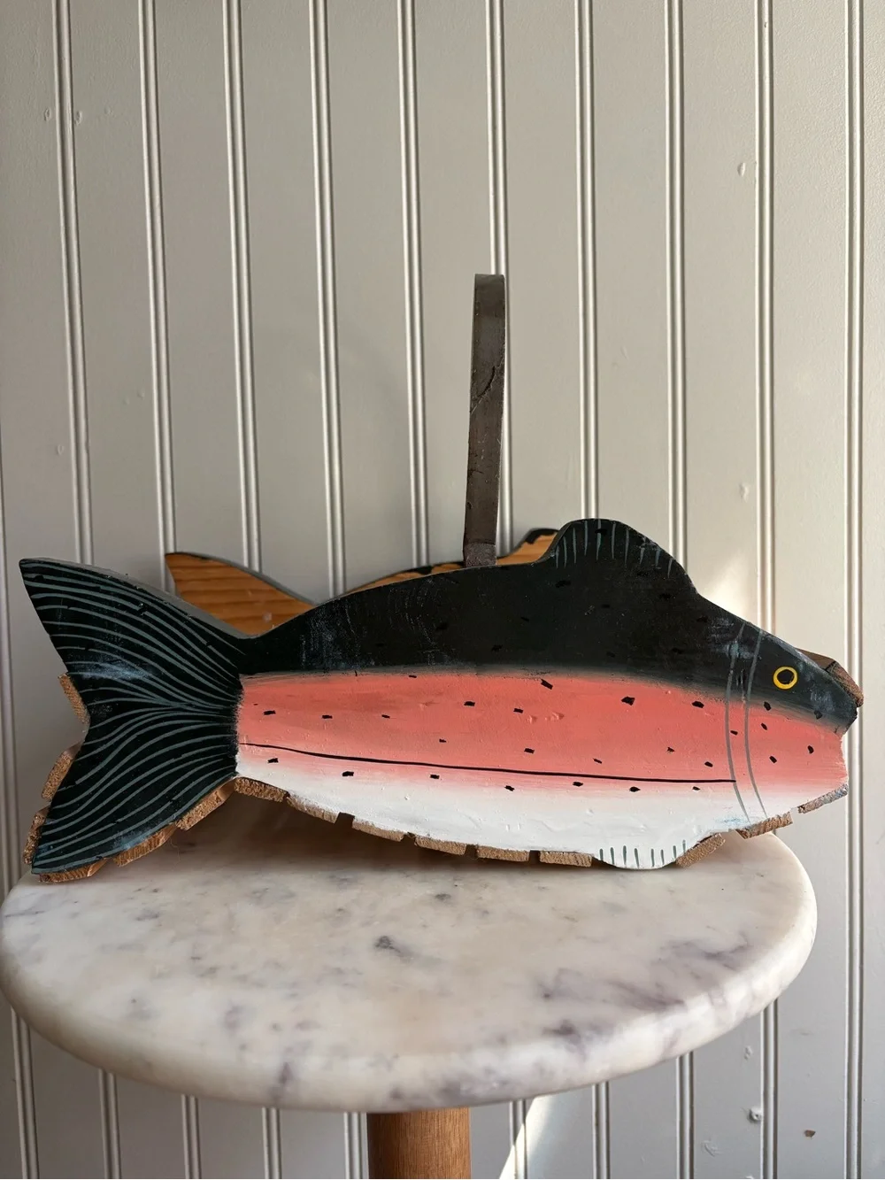 Vintage Handmade Trout Fish Wooden Basket Green & Brown VTG Cabincore Grandpa